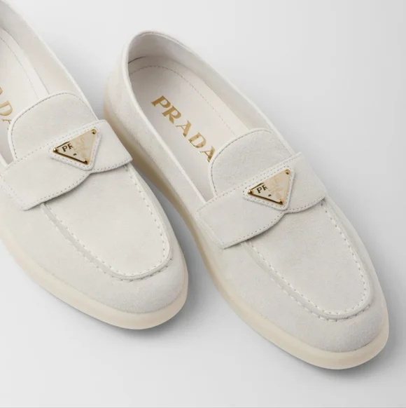 $1,190 Prada Triangle Logo Suede Loafers White EU 38 US 8 BNIB - Picture 6 of 13